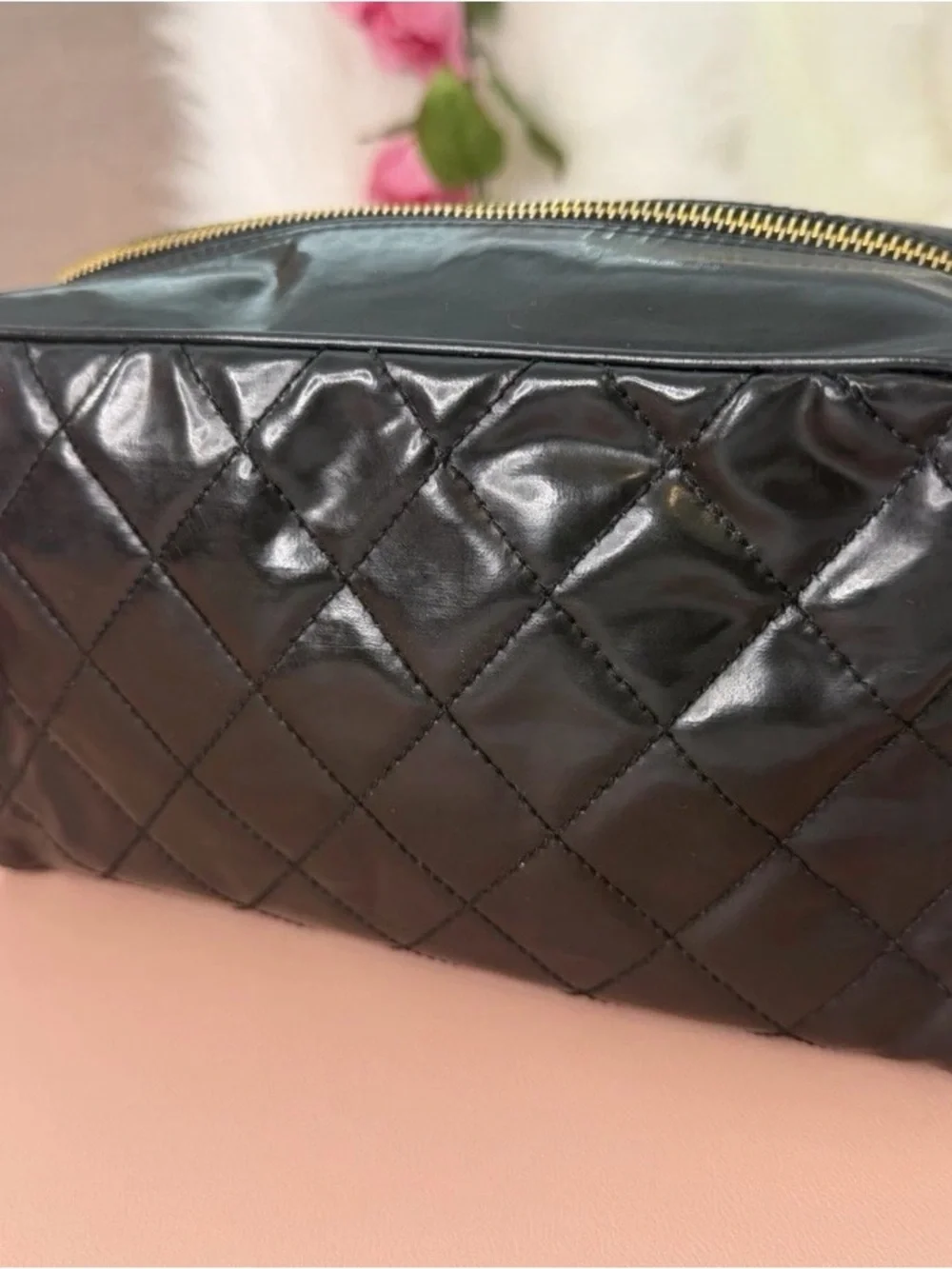 Chanel Black Quilted Cosmetic Pouch with Gold Hardware w/ COA and black card